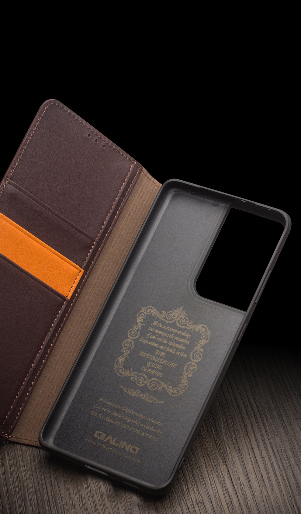 Qialino Echtes Cowhide Leder Brieftaschenabdeckung Für Samsung Galaxy S21 Ultra 5G - Schwarz