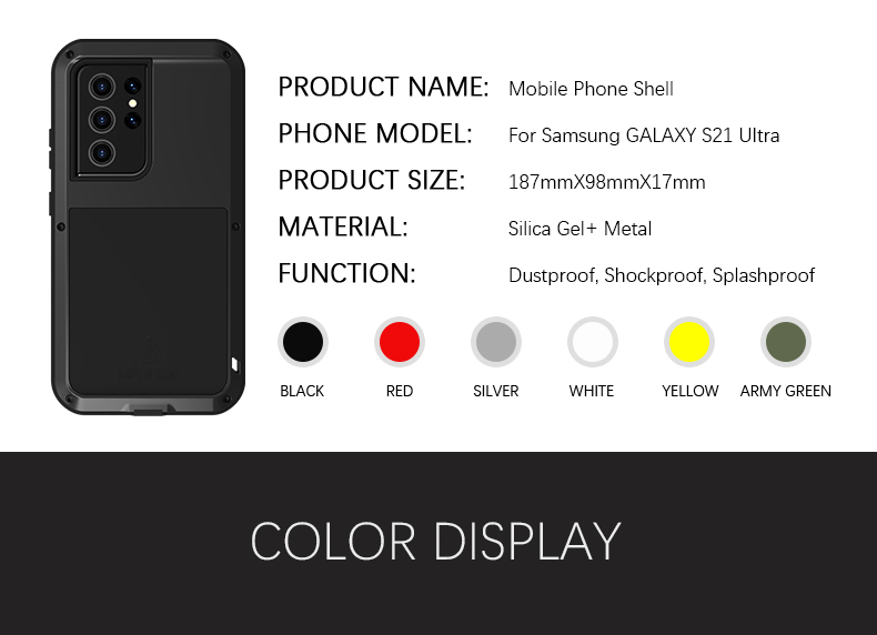 LOVE MEI Étui Puissant en Métal en Silicone en Silicone à Poussière à L'épreuve Des Chocs Pour Pour Samsung Galaxy S21 Ultra 5G [sans Verre Avant] - le Noir