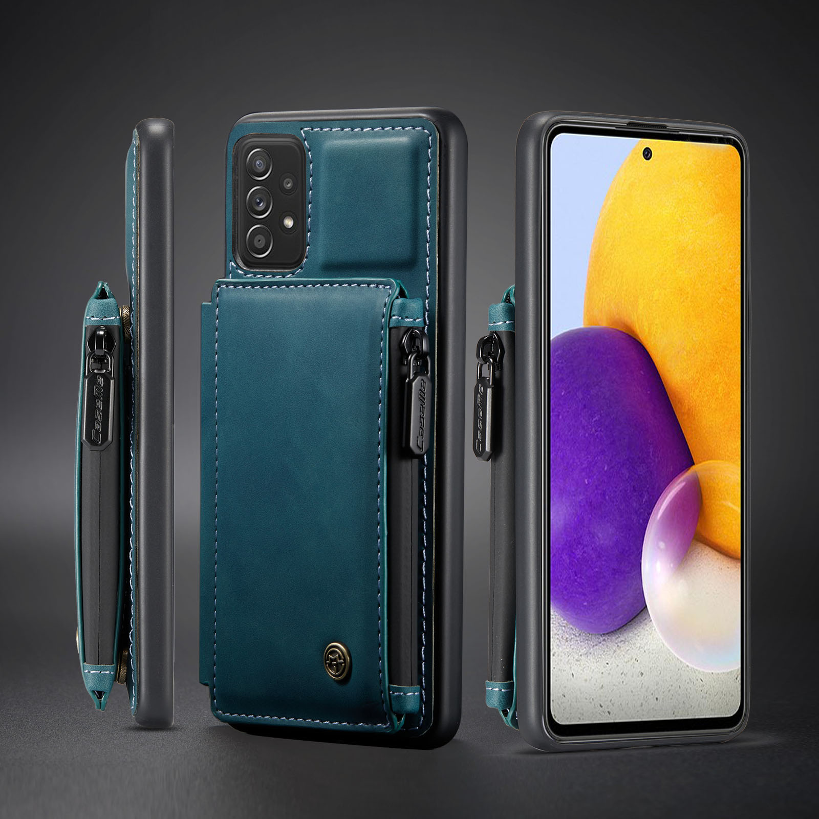 CASEME C20 Series Con Cerniera Con Cerniera Slot Per Cartoncino PU In Pelle PU Rivestimento TPU Shell Back Per Samsung Galaxy A72 5G / 4G - Blu