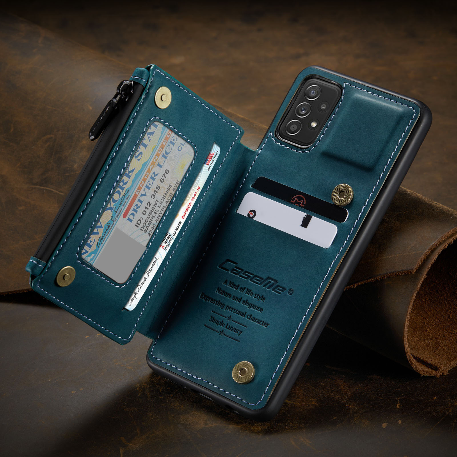 CASEME C20 Series Con Cerniera Con Cerniera Slot Per Cartoncino PU In Pelle PU Rivestimento TPU Shell Back Per Samsung Galaxy A72 5G / 4G - Blu