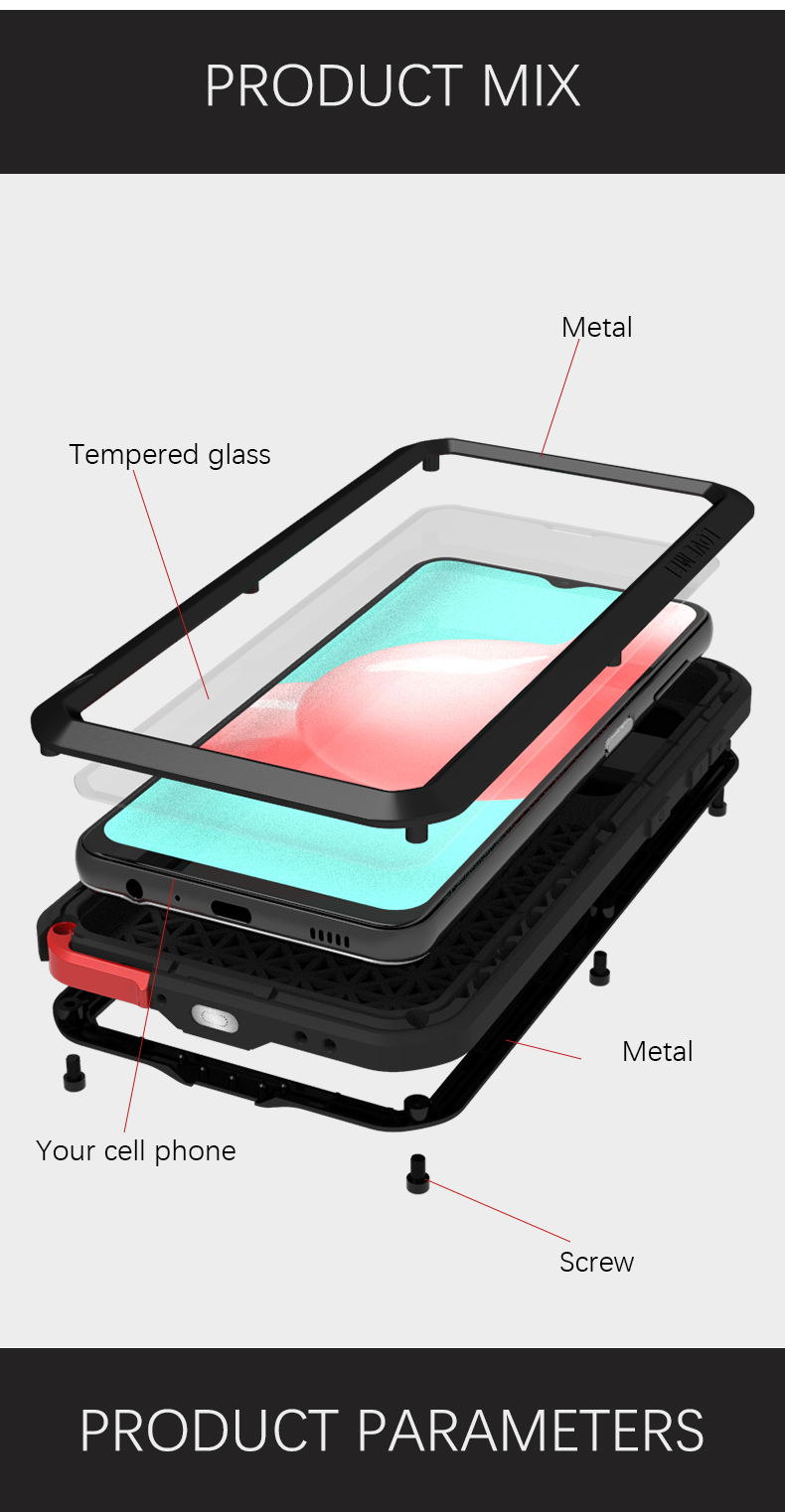 Love Mei Stoßdicht, Tropfensicheres Staubsicheres, Leistungsstarkes Telefongehäuse Für Samsung Galaxy A32 5G/M32 5G [metall+silikon+temperiertes Glas] - Rot