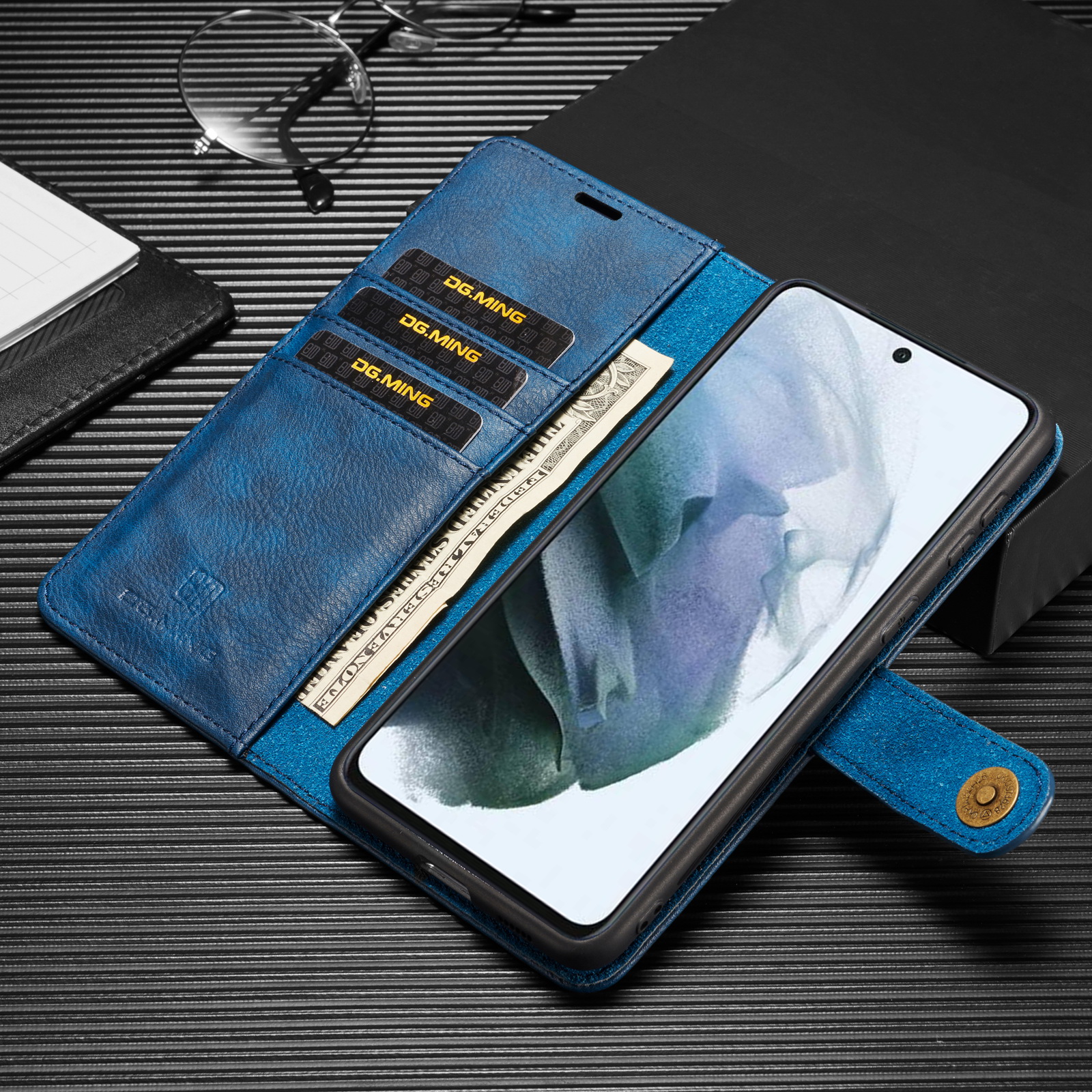 Dg. Ming Für Samsung Galaxy S21 fe Abnehmbar 2-in-1 Split Leder Brieftasche Hülle Folio Magnetische Telefonabdeckung - Blau