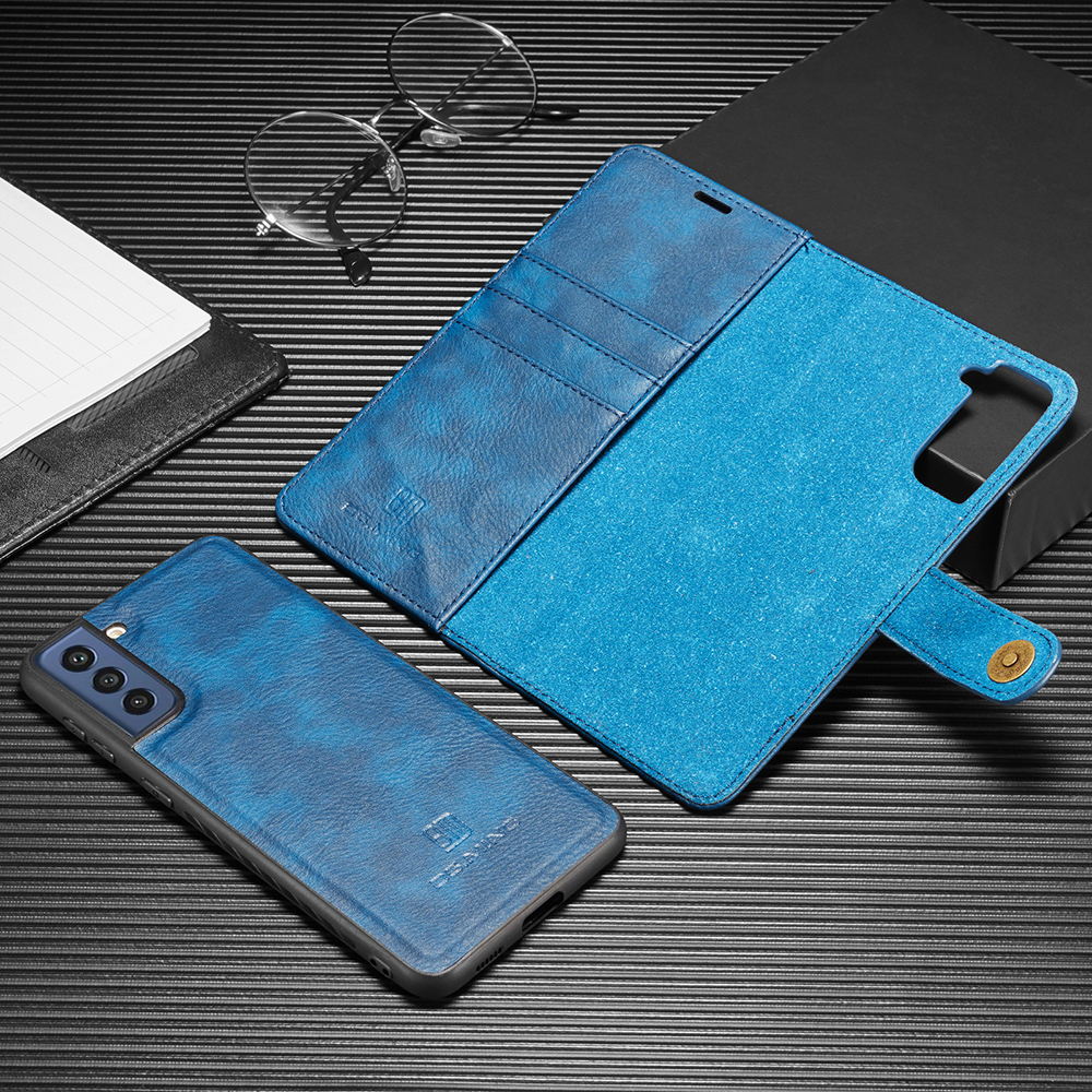 Dg. Ming Para Samsung Galaxy S21 fe fe de Cuero Dividido de Cuero de Cuero de Cuero Separado Folio Magnetic Phone Cover - Azul