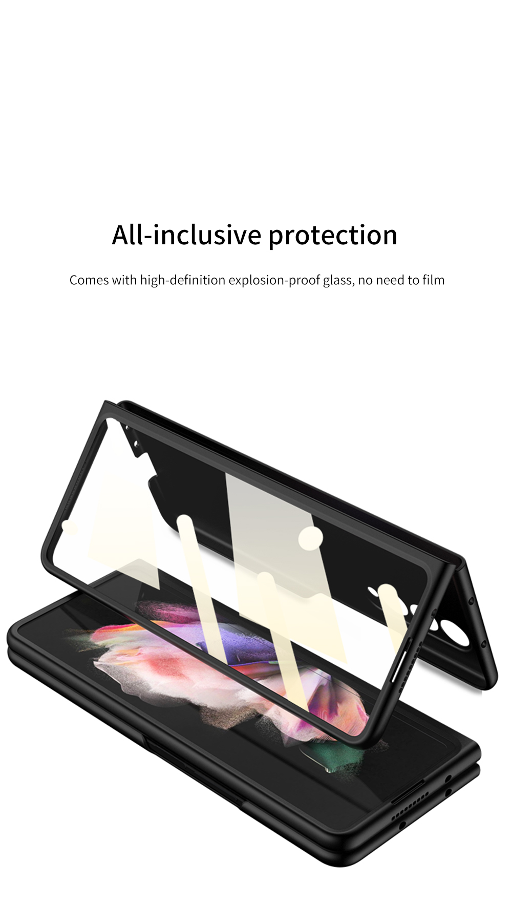 Case Plegable de PC Duro GKK Con Todo Con Película de Pantalla de Vidrio Templado HD Para Samsung Galaxy Z Fold3 5G - Negro