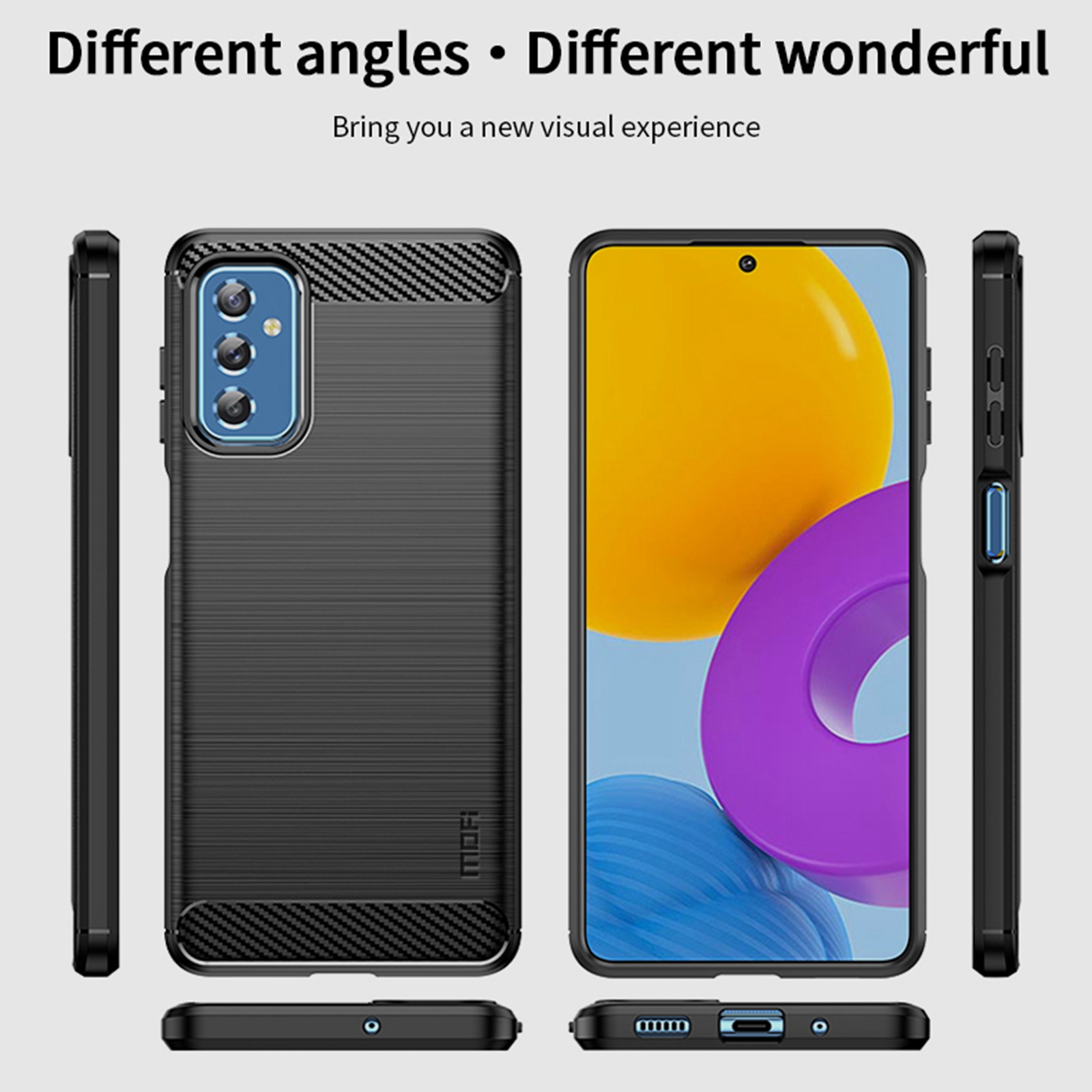 MOFI Projeto de Fibra de Carbono Escovados Case de Choque à Prova de Choques Anti-drop TPU Soft Top Cover Para Samsung Galaxy M52 5G - Preto