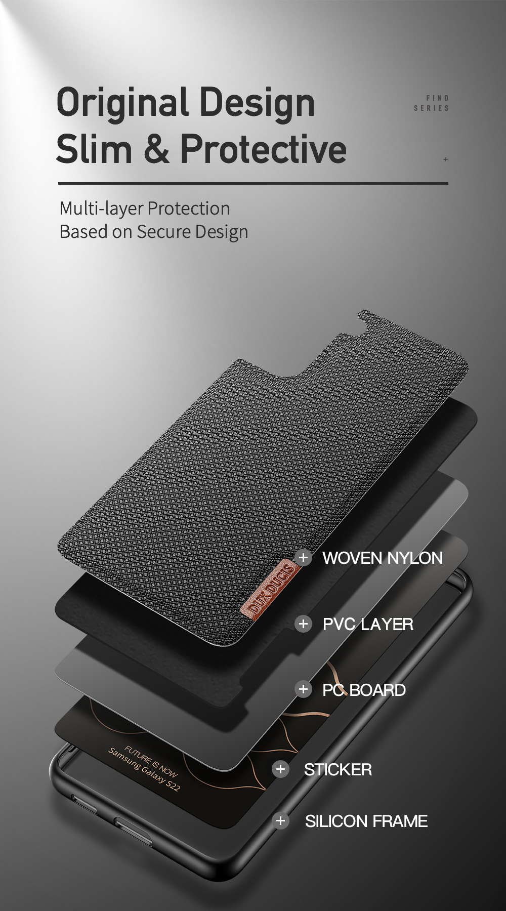 Dux Ducis Fino Series TPU+PC+PVC+Nylon Slim Против Scratch Shockprote Case Для Samsung Galaxy S22 5G - Черный