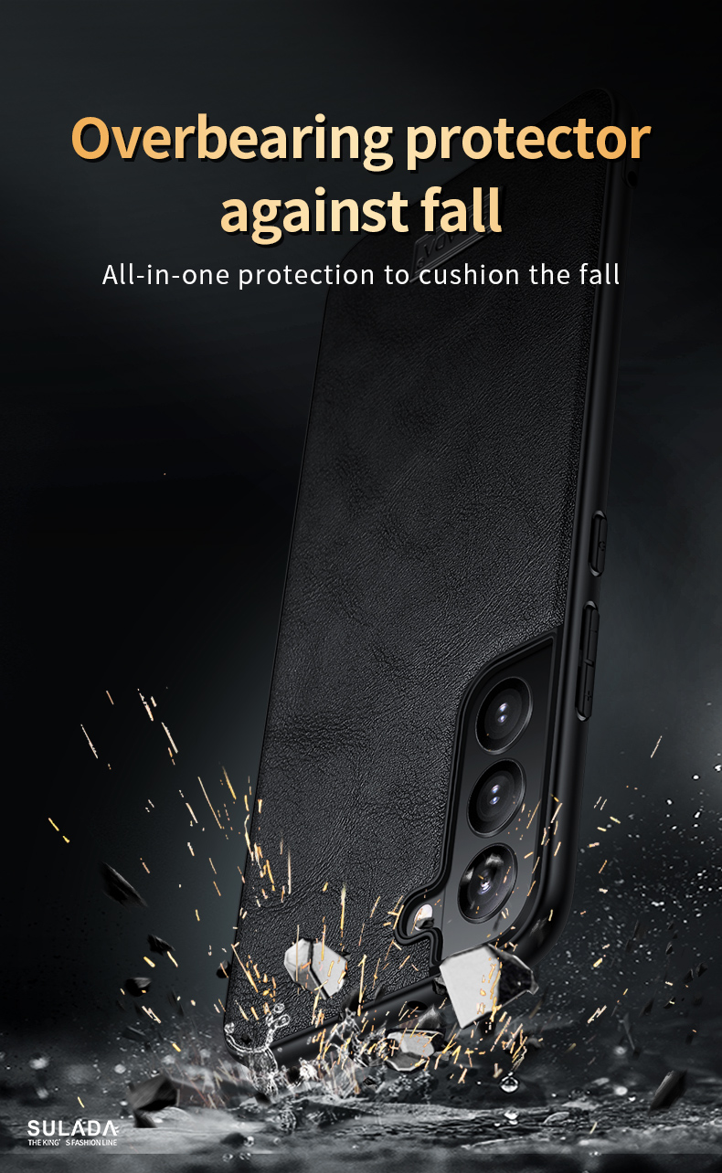 Sulada Anti-scratch Shock Affrotta di Shock in Pelle TPU Rivestito Per Telefono PC Cover Per Samsung Galaxy S22 + 5G - Nero