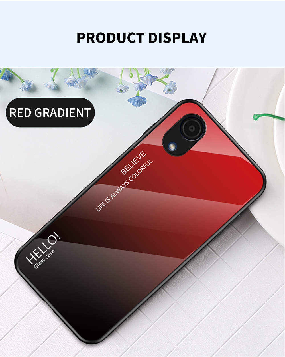 Elegante Vetro Temperato a Colore Gradiente + PC Back + TPU Frame di Copertina Anti-scratch a Prova di Shock Per Samsung Galaxy A03 Core - Nero Rosso Gradiente