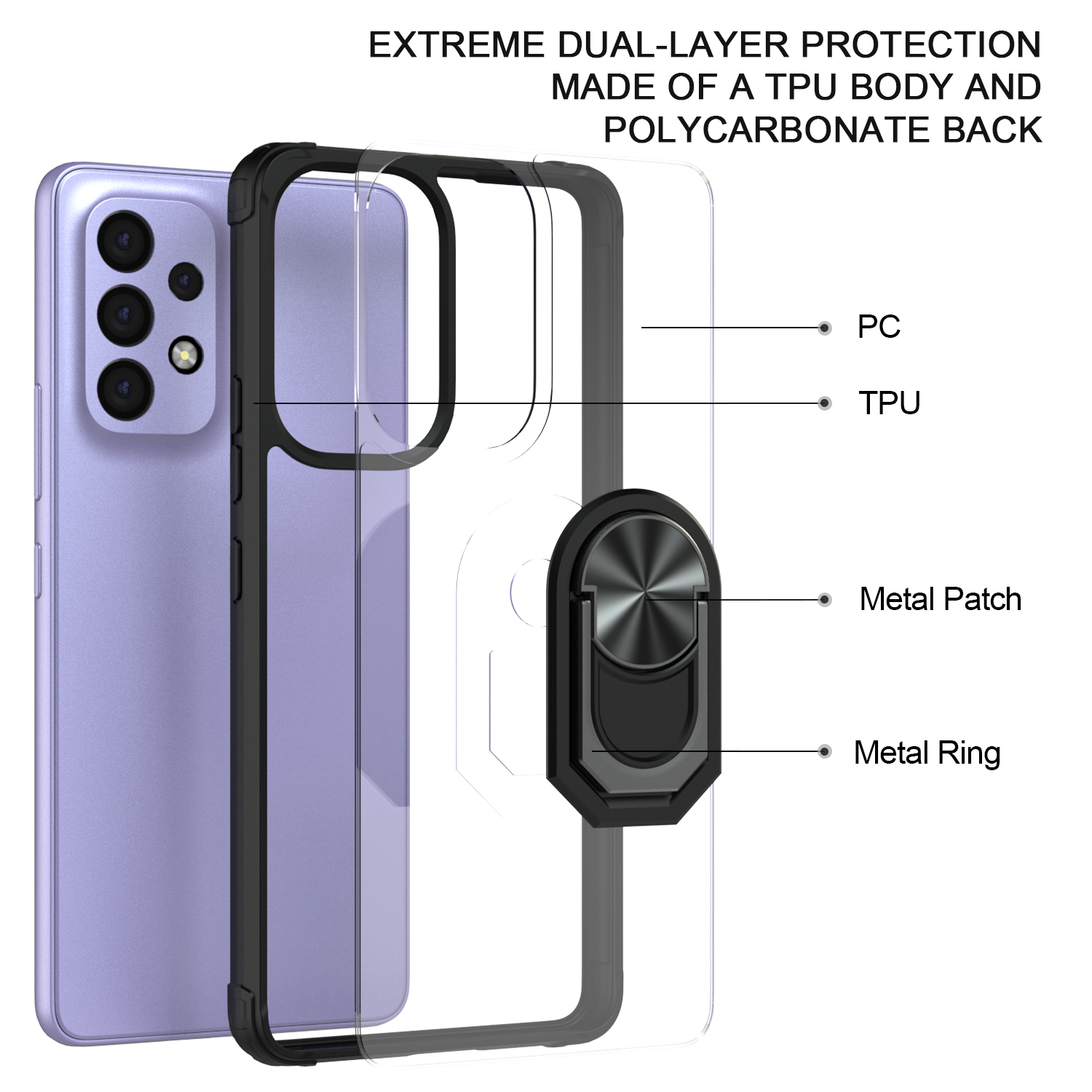 For Samsung Galaxy A53 5G PC + TPU Rotating Ring Kickstand Design Shockproof Phone Cover Case with Built-in Metal Sheet - Black-2