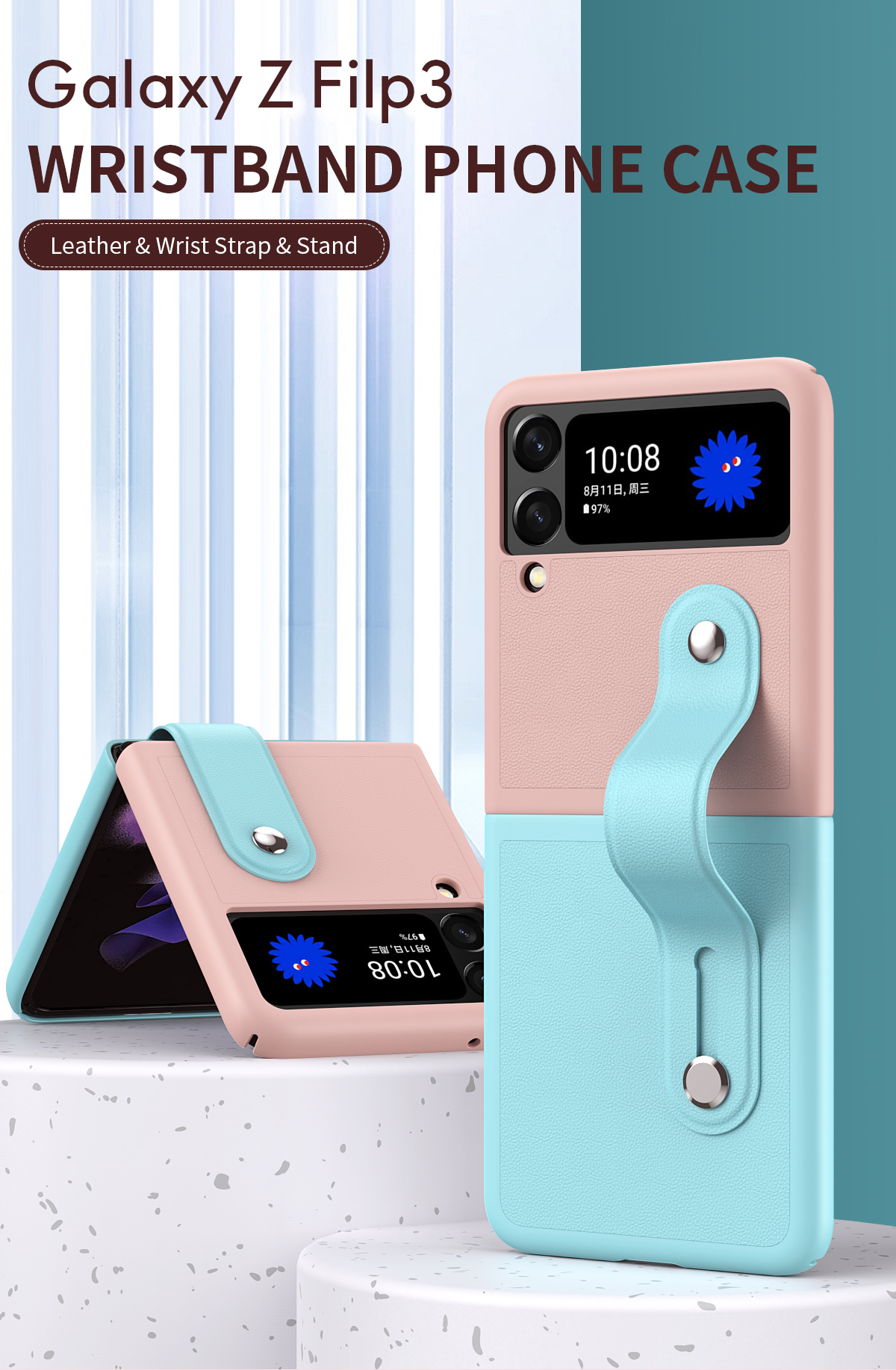 Für Samsung Galaxy Z Flip3 5G Kontrastes Farbdesign -faltungshülle Mit Armband Ständer - Cyan/Pink