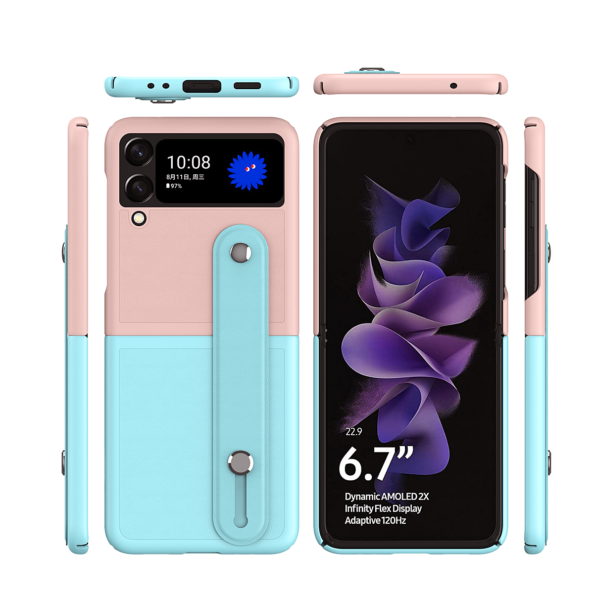 Per Samsung Galaxy Z Flip3 5G Custodia Per Telefono Pieghevole a Colori Con Cavo Del Polso - Ciano/rosa