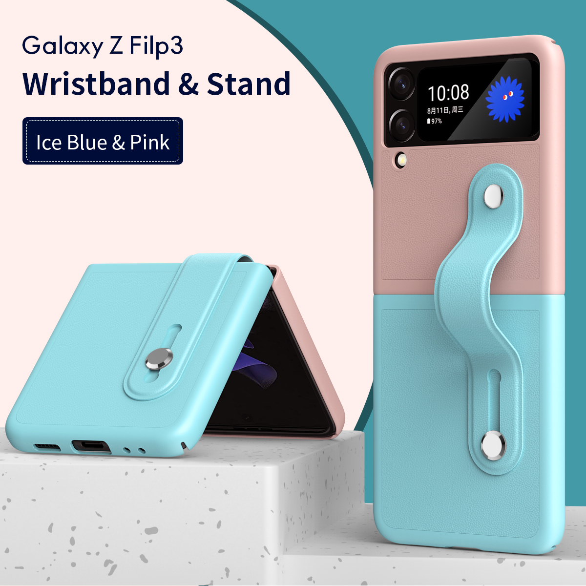 Für Samsung Galaxy Z Flip3 5G Kontrastes Farbdesign -faltungshülle Mit Armband Ständer - Schwarz/dunkelblau