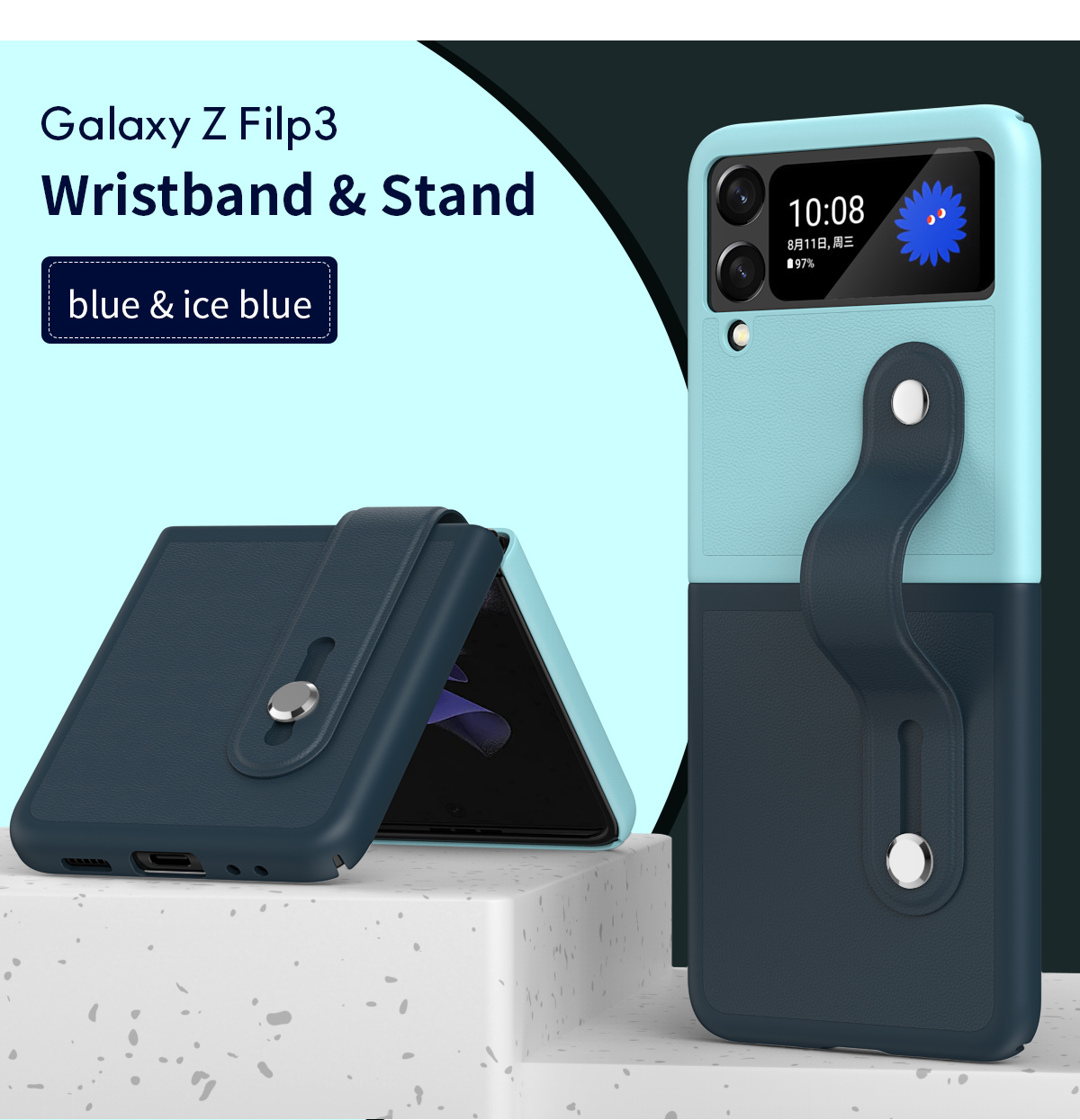 Para Samsung Galaxy Z Flip3 5G Design de Cores Contrastante Caixa de Telefone Dobrável Com o Kickstand de Pulseira - Preto/azul Escuro