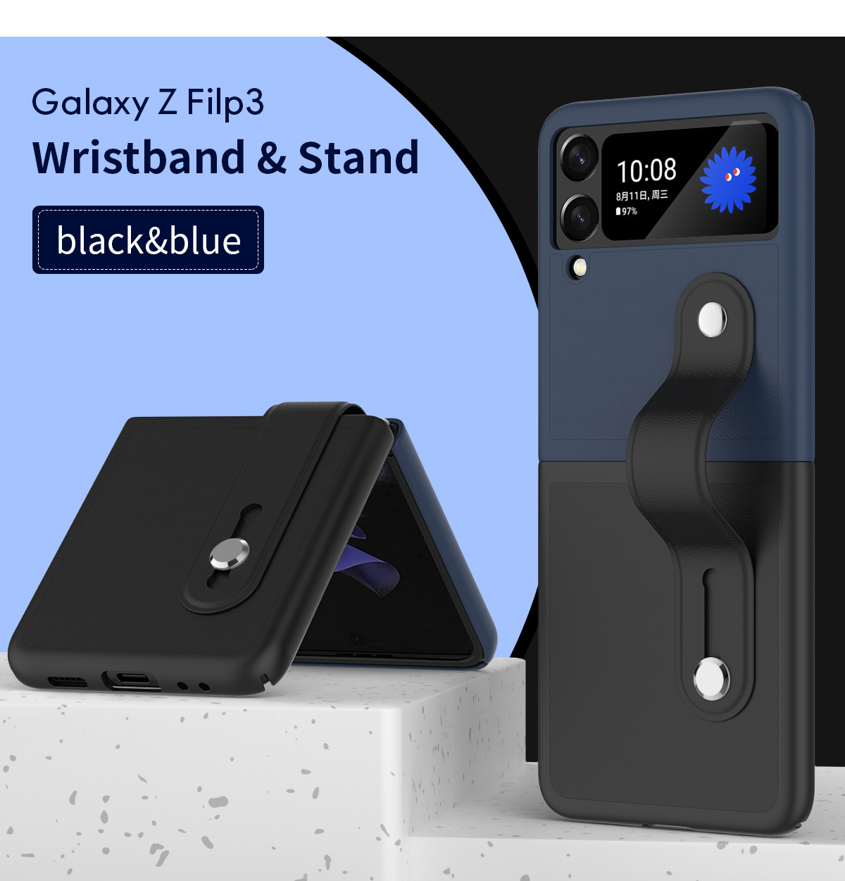 Für Samsung Galaxy Z Flip3 5G Kontrastes Farbdesign -faltungshülle Mit Armband Ständer - Schwarz/dunkelblau