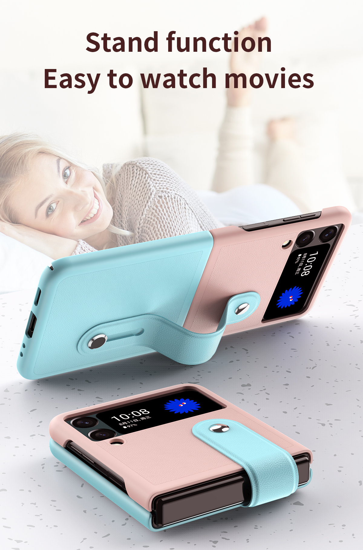 Für Samsung Galaxy Z Flip3 5G Kontrastes Farbdesign -faltungshülle Mit Armband Ständer - Cyan/Pink