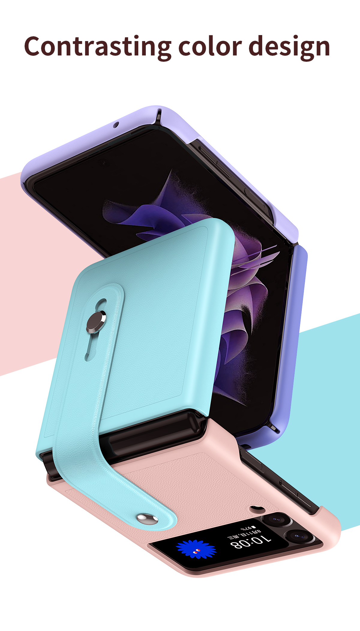 Für Samsung Galaxy Z Flip3 5G Kontrastes Farbdesign -faltungshülle Mit Armband Ständer - Cyan/Pink