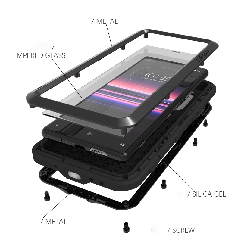 Love Mei Temped Glass + Metal + Silicone Drop-shock Dust Dust Dust Dust Telefono Per Sony Xperia 5 - Rosso