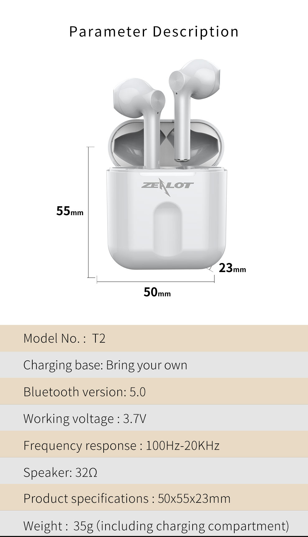 ZEALOT T2 TWS Bluetooth 5.0 Стерео Наушники с Микрофоном с Микрофоном - Черный