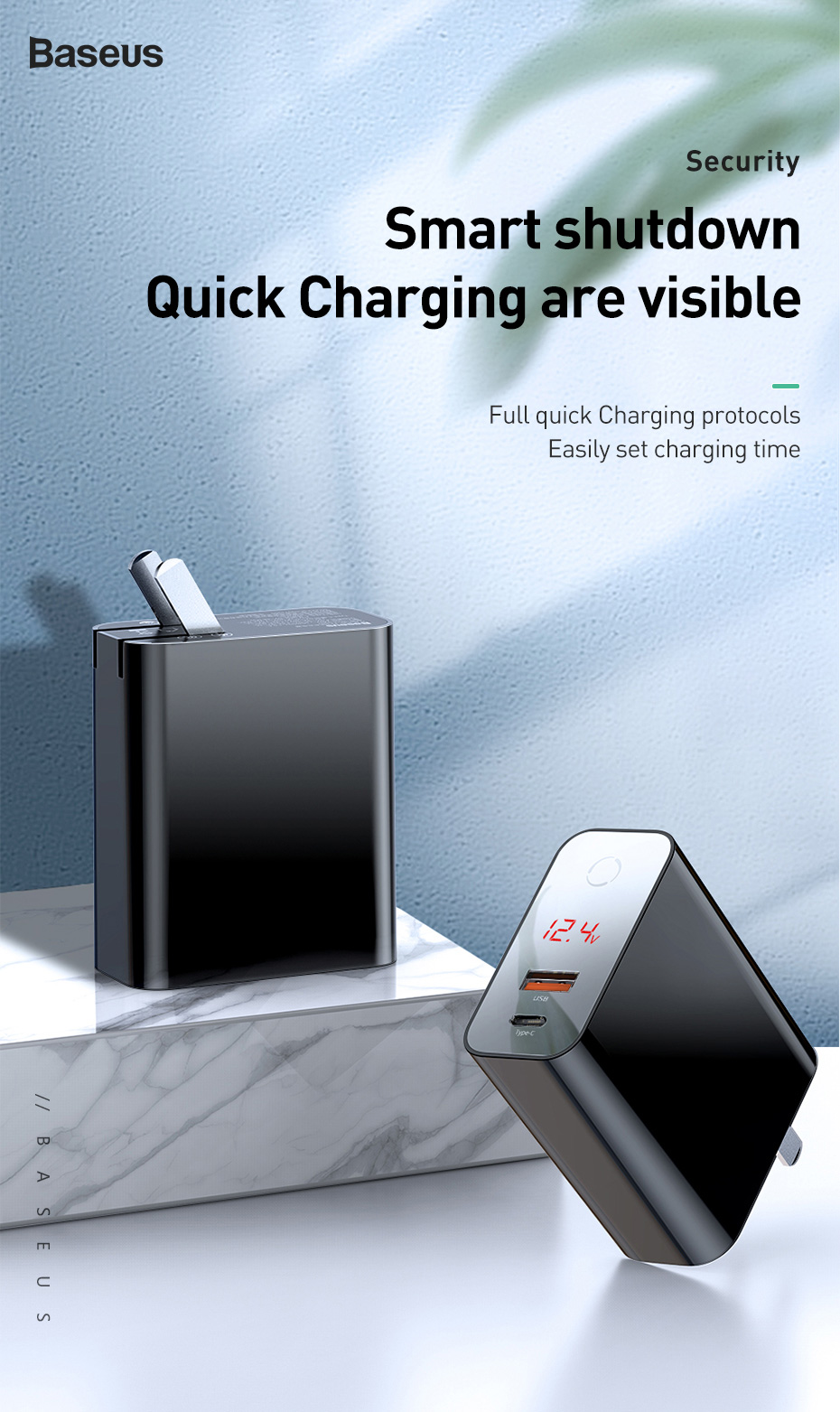 BASEUS Tốc độ PPS Màn hình kỹ thuật số Tắt nguồn thông minh Bộ sạc nhanh PD3.0 + QC3.0 45W (Type-C + USB) - CN Standard Plug / Black-3