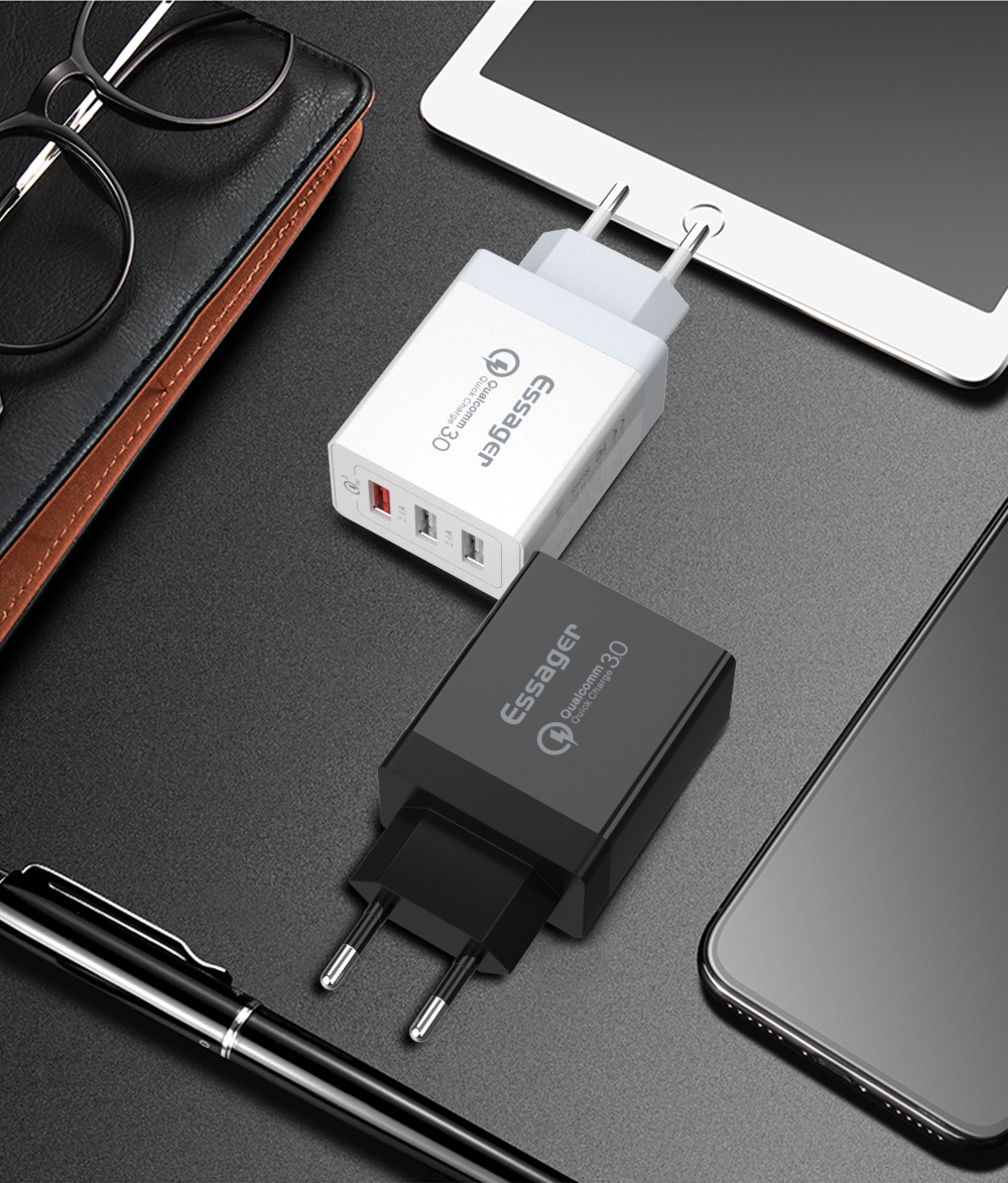 ESSAGER QC3.0 + Dupla 30W Viagem 2.4A USB Carregador De Parede Carregador - Plugue Preto / Eu-10