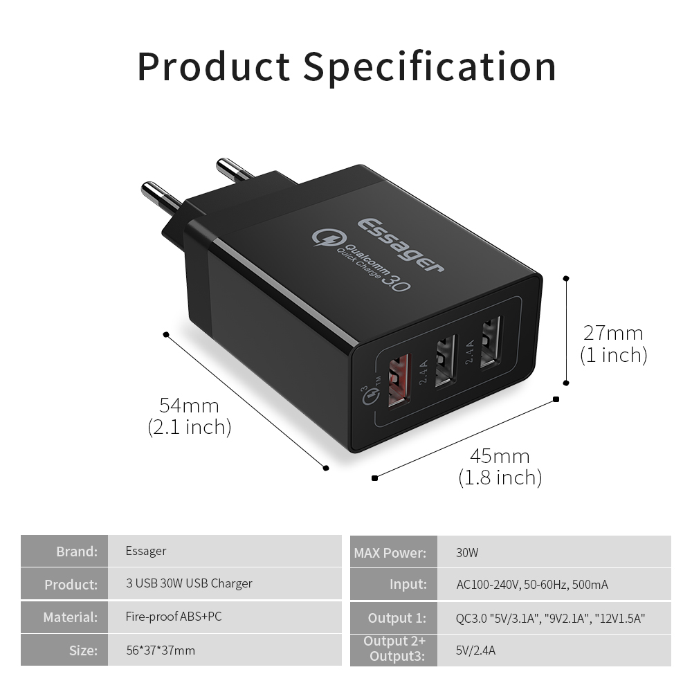 ESSAGER QC3.0 + Dual 2.4A USB 30W Cargado de Viaje de Viaje Cargador - Black/eu Plug