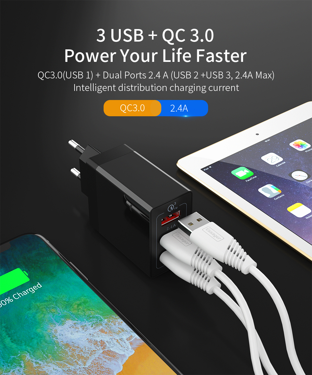 ESSAGER QC3.0 + Dupla 30W Viagem 2.4A USB Carregador De Parede Carregador - Plugue Preto / Eu-2