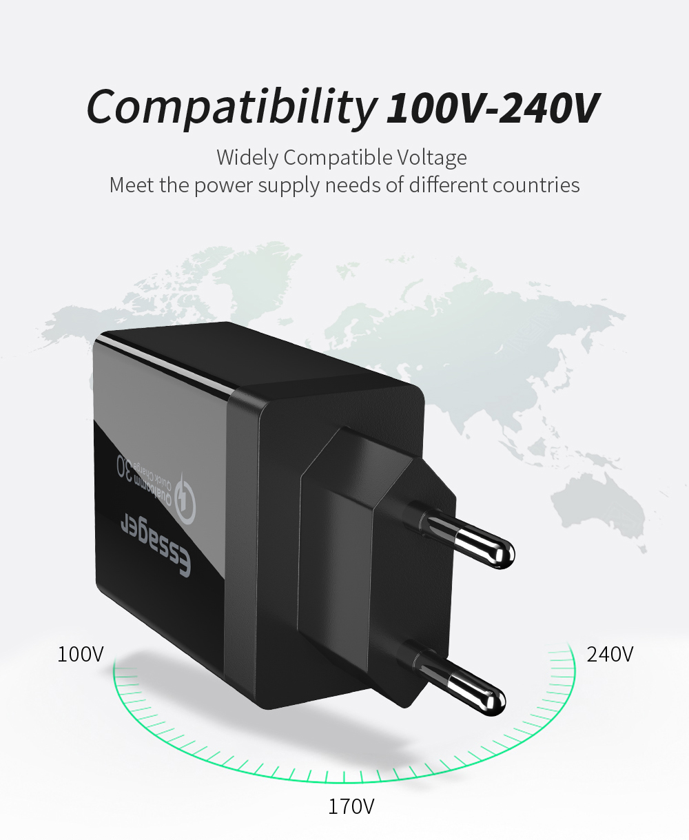 ESSAGER QC3.0 + Dupla 30W Viagem 2.4A USB Carregador De Parede Carregador - Plugue Preto / Eu-8