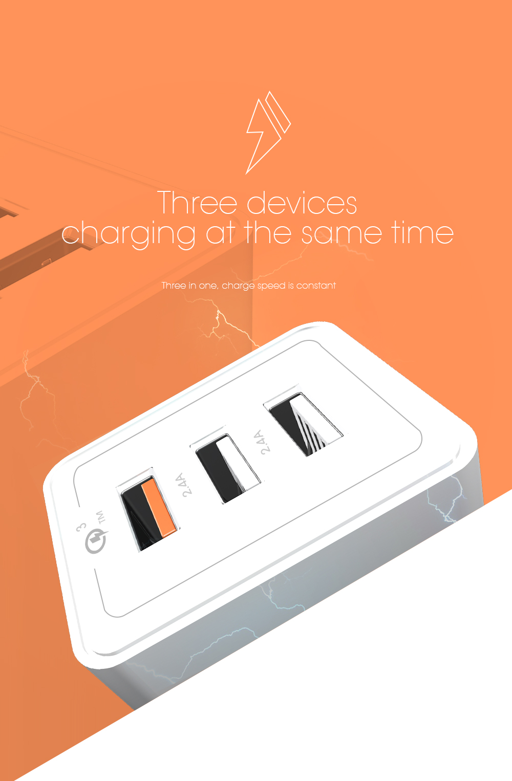 ESSAGER QC3.0 + Dual 2.4A USB 30W Travel Charger Wall Charger - White/EU Plug-4