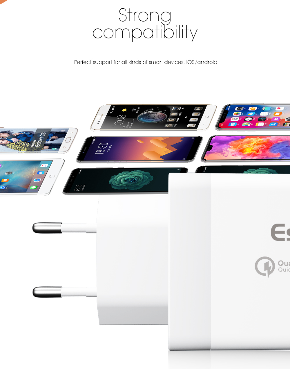 ESSAGER QC3.0 + Dual 2.4A USB 30W Travel Charger Wall Charger - White/EU Plug-5
