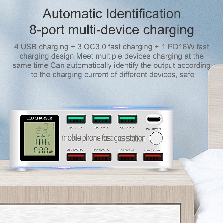 Estación De Carga Multifuncional De 818D Potencia De Teléfono Celular Con 8 Puertos USB - Tapones De Estados Unidos