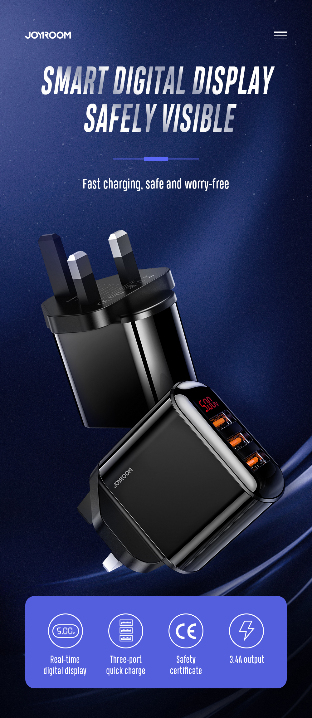 JOYROOM HKL-USB59 Sharp Series 3.4A Intelligent Digital Travel Wall Charger (3 USB) - UK Plug-1