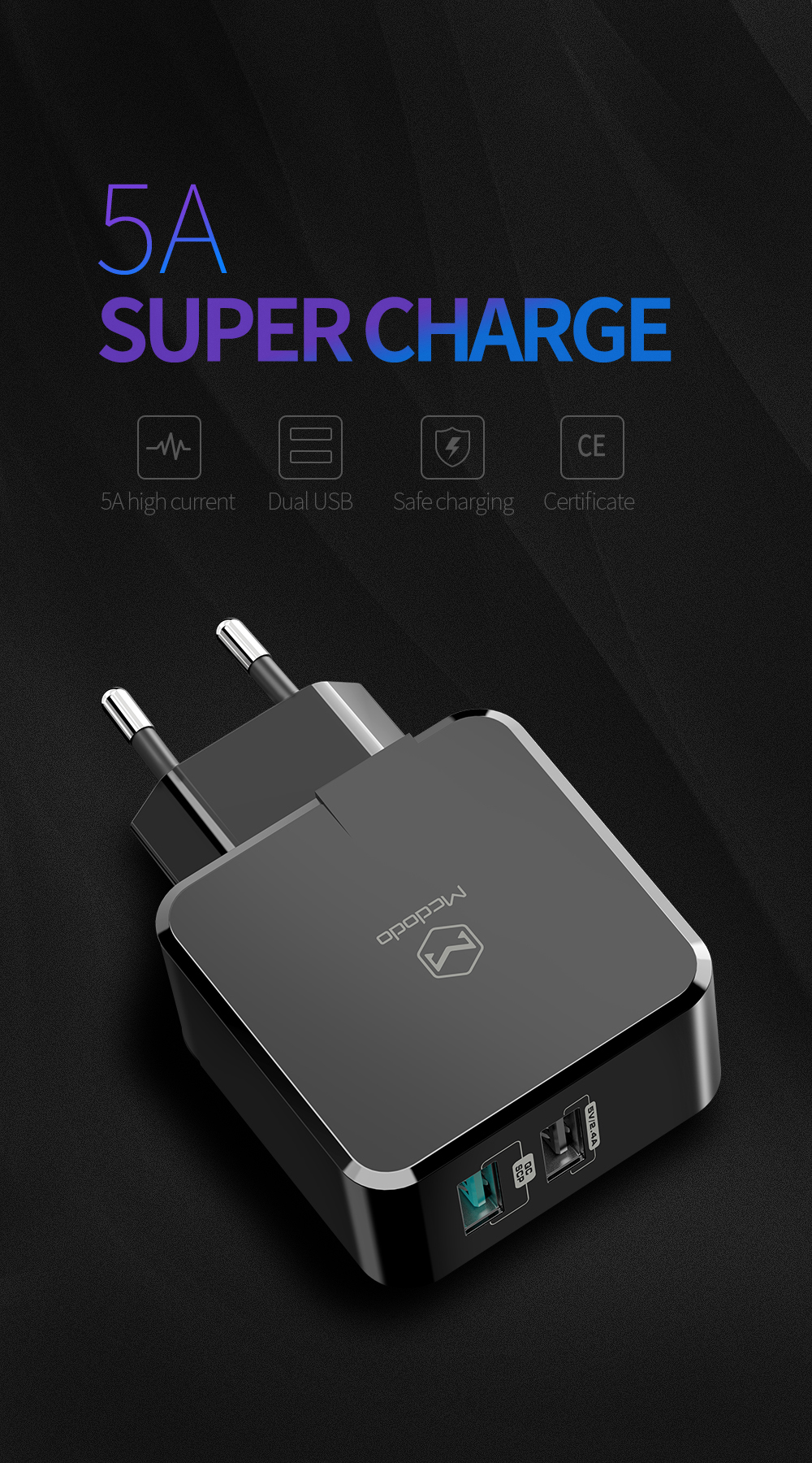 MCDODO 5A Thunder Series Dual-port Super Fast Charger - EU Plug-1