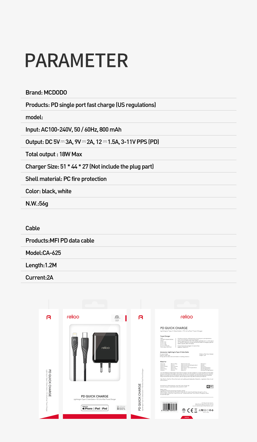 MCDODO Smart Series RCH-62 Reliqo TC-061 PD Quick Charge Set Wall Charger+Cable Black - EU Plug-11