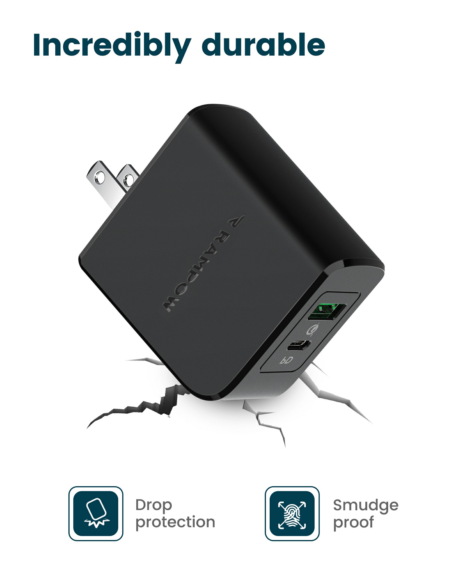 RAMPOW 36W Type C + USB A Dual Port Fast PD Wall Charger with 30W Power Delivery 3.0 - Black, US Plug-1