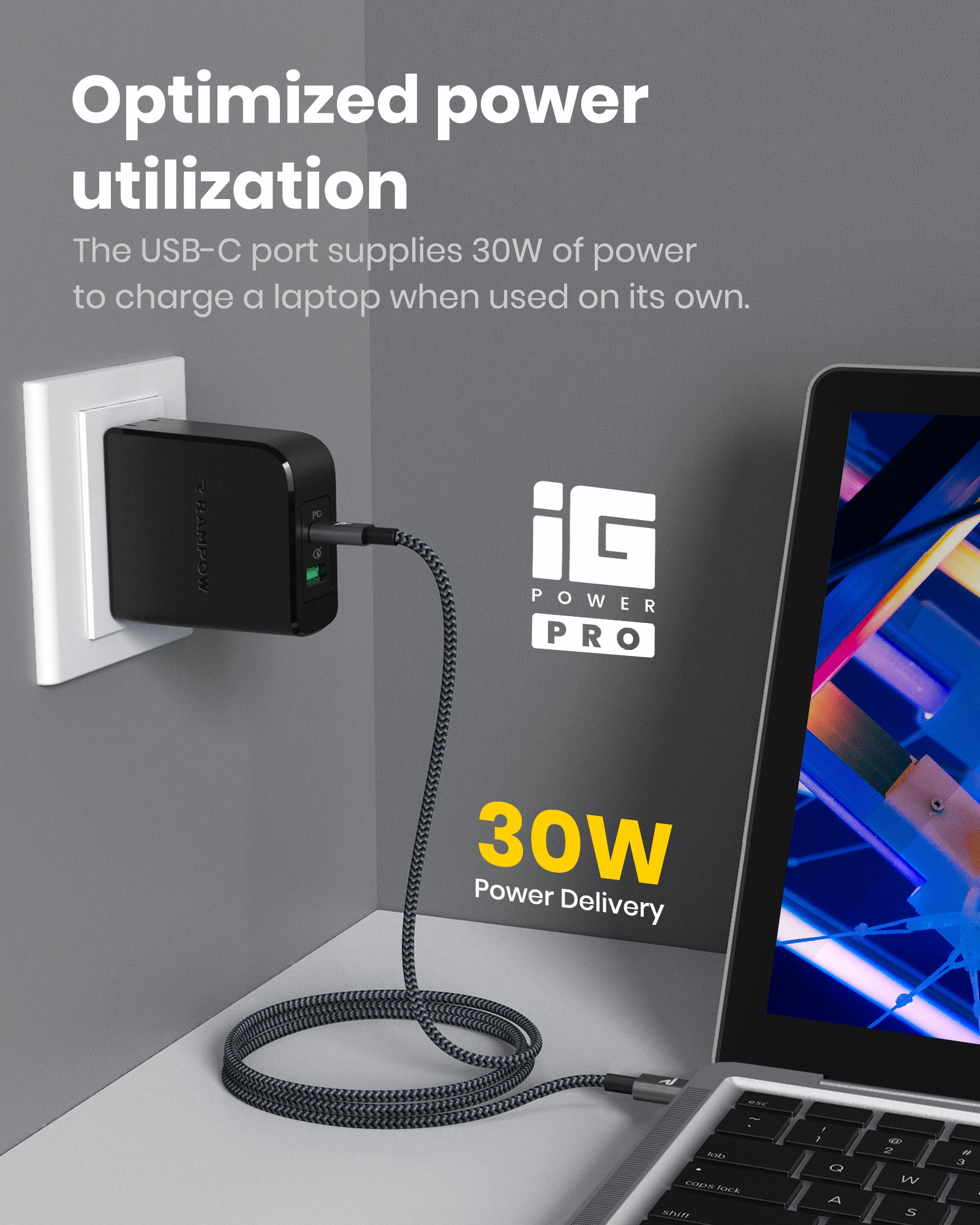 RAMPOW 36W Type C + USB A Dual Port Fast PD Wall Charger with 30W Power Delivery 3.0 - Black, US Plug-3