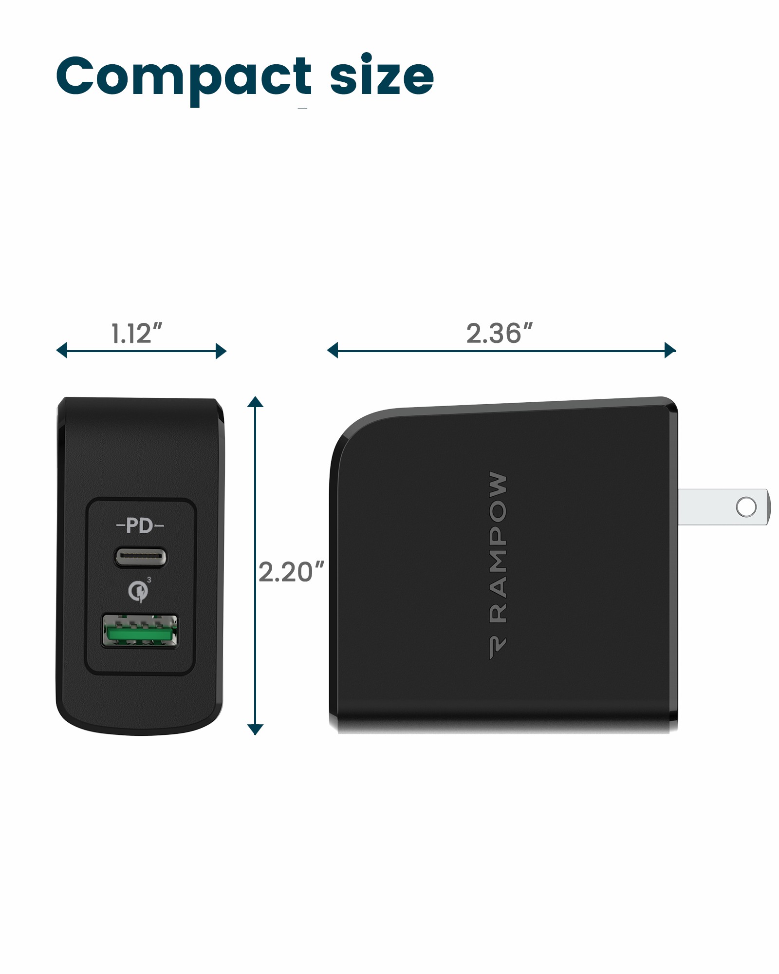 RAMPOW 36W Type C + USB A Dual Port Fast PD Wall Charger with 30W Power Delivery 3.0 - Black, US Plug-6