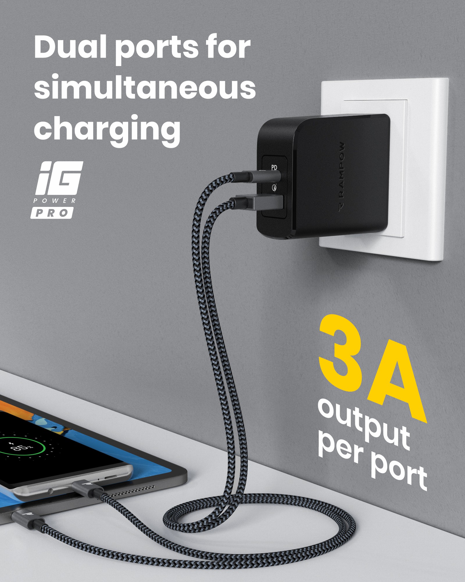 RAMPOW 36W Type C + USB A Dual Port Fast PD Wall Charger with 30W Power Delivery 3.0 - Black, US Plug-8