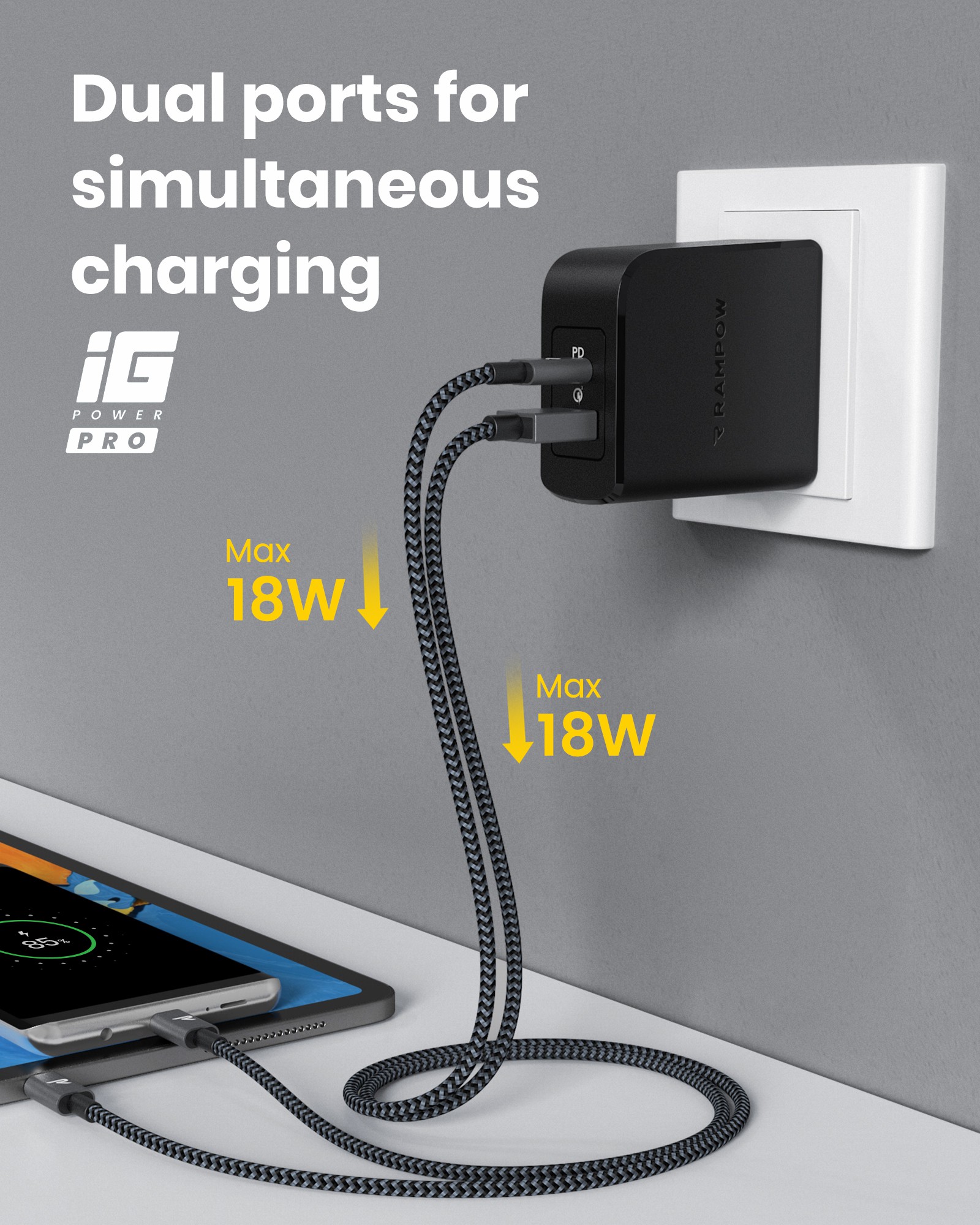 RAMPOW 36W Type C + USB A Dual Port Fast PD Wall Charger with 30W Power Delivery 3.0 - Black, US Plug-9