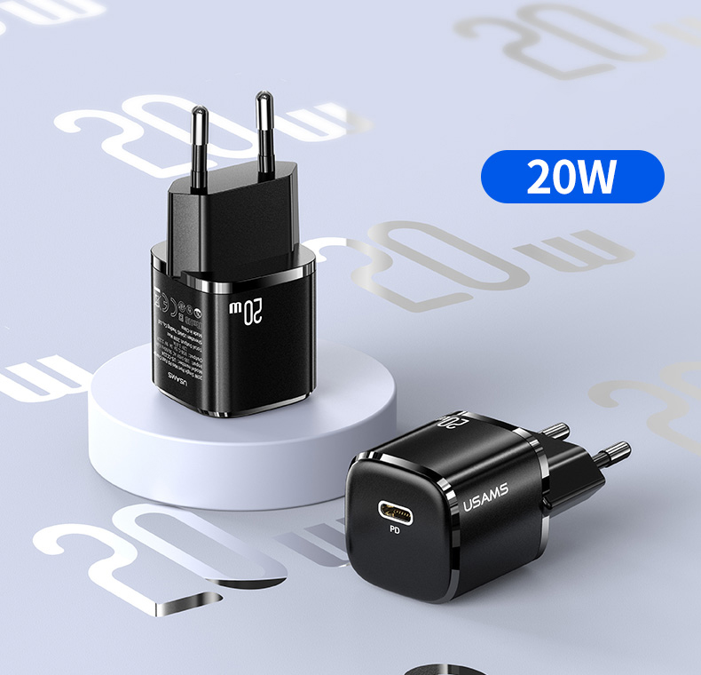 USAMS US-CC124 T36 20W Mini PD Fast Lading Wall Charger - Schwarz / EU -stecker