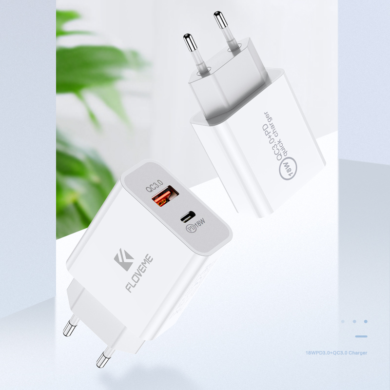 FLOVEME YXF200277 PD 18W + QC 3.0 Double Chargeur de Téléphonie Mobile USB Charger Rapide - Bouchon ue