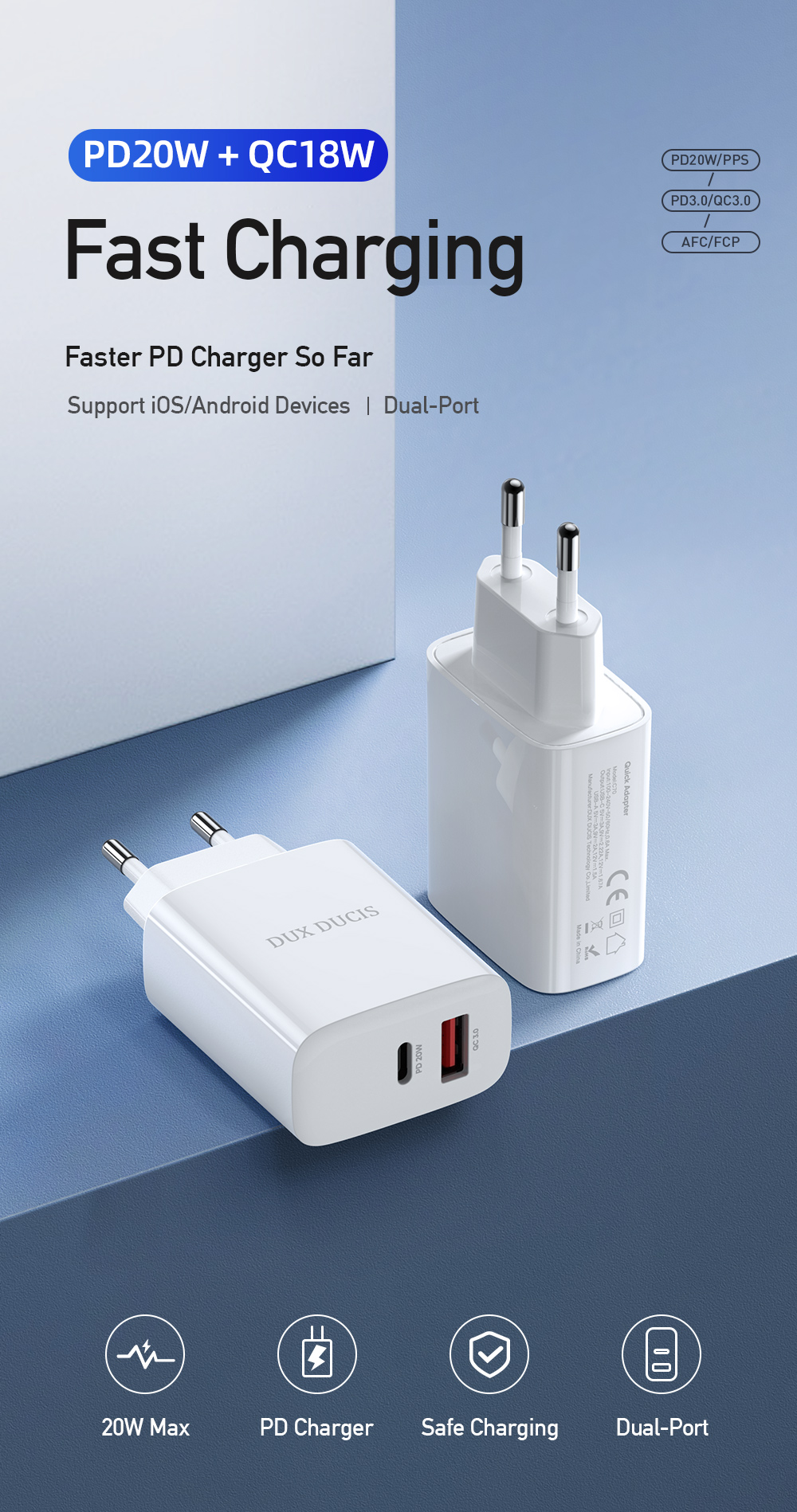 DUX DUCIS C70 PD 20W + QC 18W Chargeur de Voyage Mural à Double Port (bouche Ue)