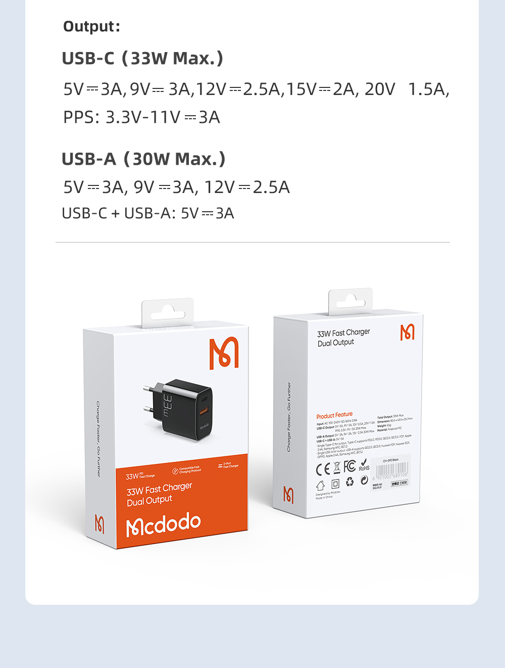 MCDODO CH-0911 MDD PD33W USB-A + Type-C Dual Output Fast Charger Cell Phone Charger - EU Plug-13