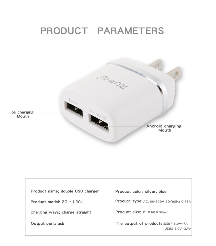 ZUOQI L201 US Plug Dual USB AC Power Adapter Travel Wall Charger for iPhone Samsung - Silver-21