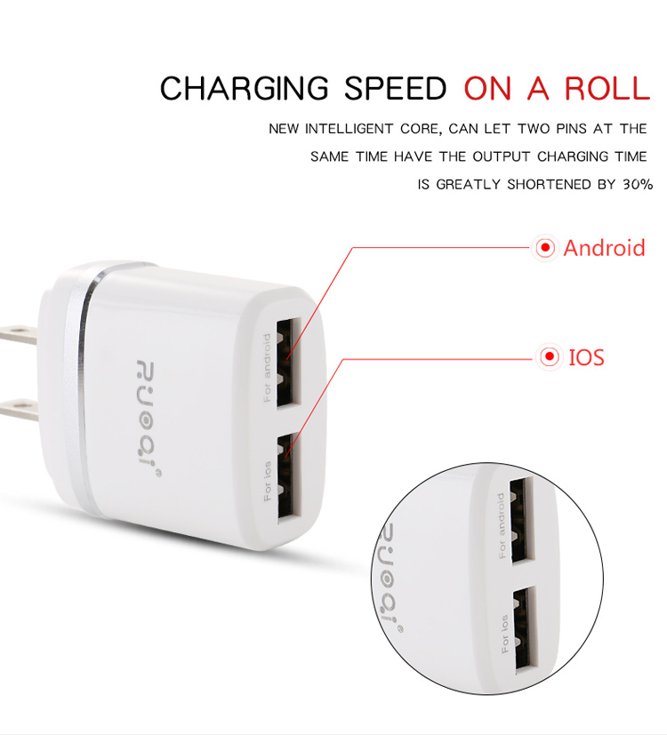 ZUOQI L201 US Plug Dual USB AC Power Adapter Travel Wall Charger for iPhone Samsung - Silver-4