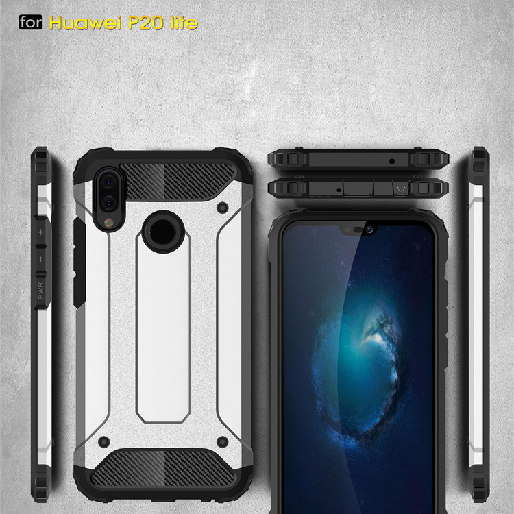 Plastique de Garde D'armure + Coque Hybride TPU Pour Huawei P20 Lite / Nova 3e (chine) - Argent