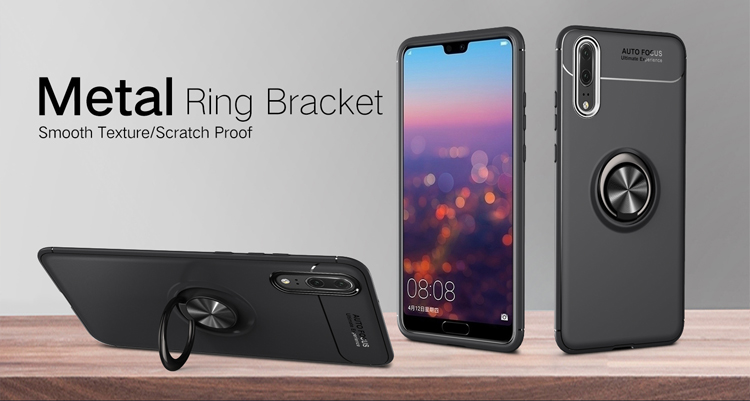 Per Huawei P20 Pro TPU Copertura Del Telefono Ring Kickstand Case di Protezione Dell'assorbimento di Shock, Lamiera in Metallo Magnetico Incorporato - Nero / Blu