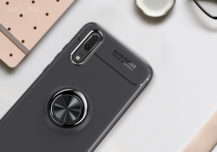 Per Huawei P20 Pro TPU Copertura Del Telefono Ring Kickstand Case di Protezione Dell'assorbimento di Shock, Lamiera in Metallo Magnetico Incorporato - Nero / Blu