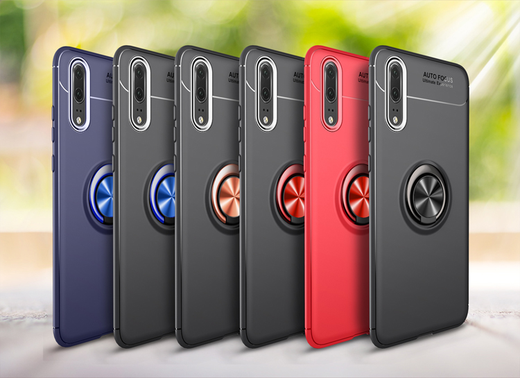 Per Huawei P20 Pro TPU Copertura Del Telefono Ring Kickstand Case di Protezione Dell'assorbimento di Shock, Lamiera in Metallo Magnetico Incorporato - Nero / Blu