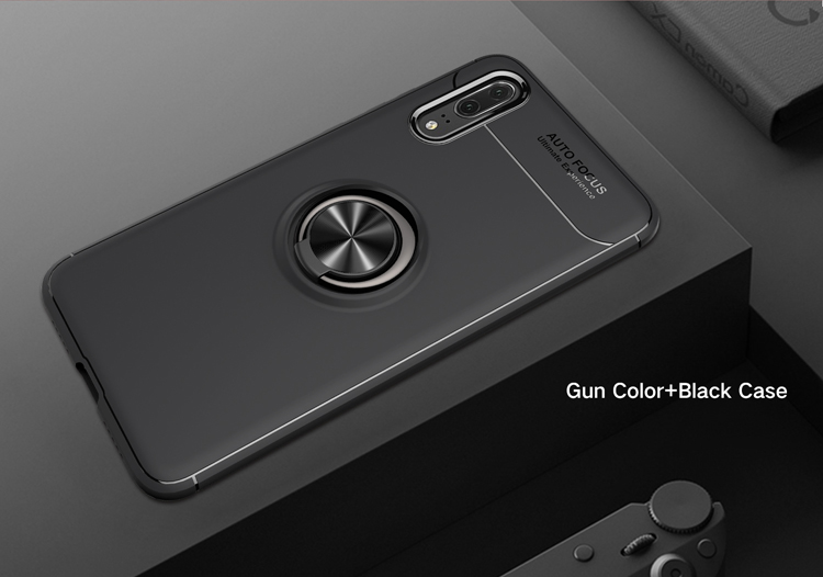 Per Huawei P20 Pro TPU Copertura Del Telefono Ring Kickstand Case di Protezione Dell'assorbimento di Shock, Lamiera in Metallo Magnetico Incorporato - Nero