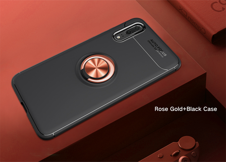 Per Huawei P20 Pro TPU Copertura Del Telefono Ring Kickstand Case di Protezione Dell'assorbimento di Shock, Lamiera in Metallo Magnetico Incorporato - Nero / Blu